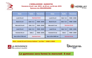 Créneaux Bad &quot; jeu libre &quot; congés Pâques 2019