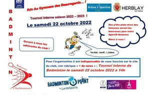 Tournoi interne Badminton Samedi 22 Octobre à partir de 14 heures (Inscriptions)