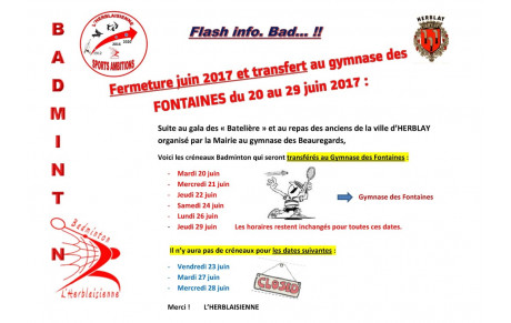 Fermeture juin 2017 &amp; transferts des créneaux Fontaine