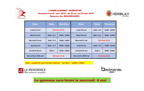 Créneaux Bad &quot; jeu libre &quot; congés Pâques 2019