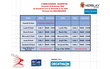 Les créneaux de Badminton pendant les congés de Printemps 
