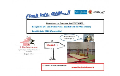 Fermeture Gymnase des Fontaines - Pas de gymnastique les 26 mai, 27 mai et 6 juin. 