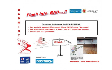 Fermeture gymnase des Beauregards - Pas de Badminton (Ascension, Repas des Séniors et Pentecôte)