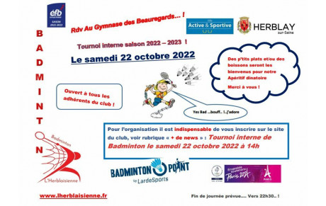 Tournoi interne Badminton Samedi 22 Octobre à partir de 14 heures (Inscriptions)